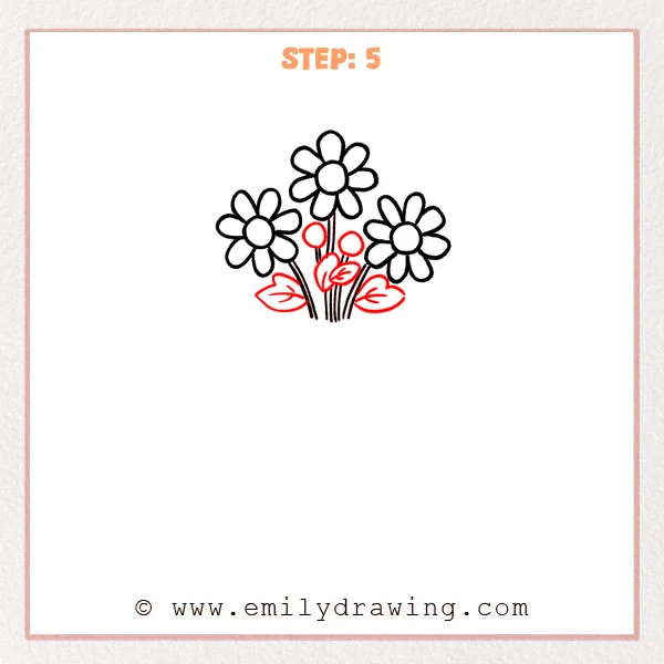 how to draw a flower vase - Step 5 of how to draw a flower vase: simple leaves with vein lines and a few small round buds are added around the stems to fill out the bouquet.